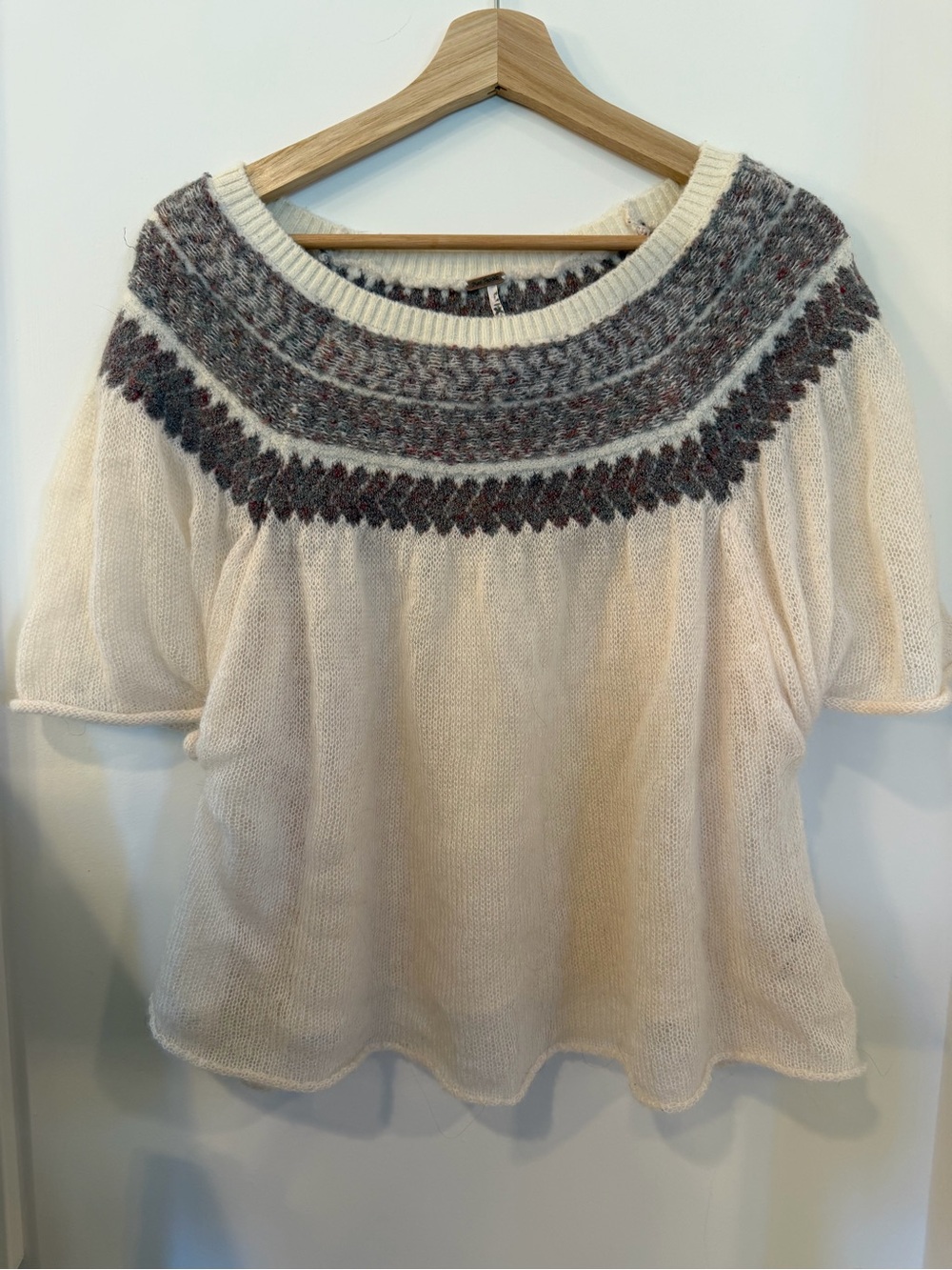 Free People Cream Knit Sweater with Multicolor Fair Isle Yoke oversized